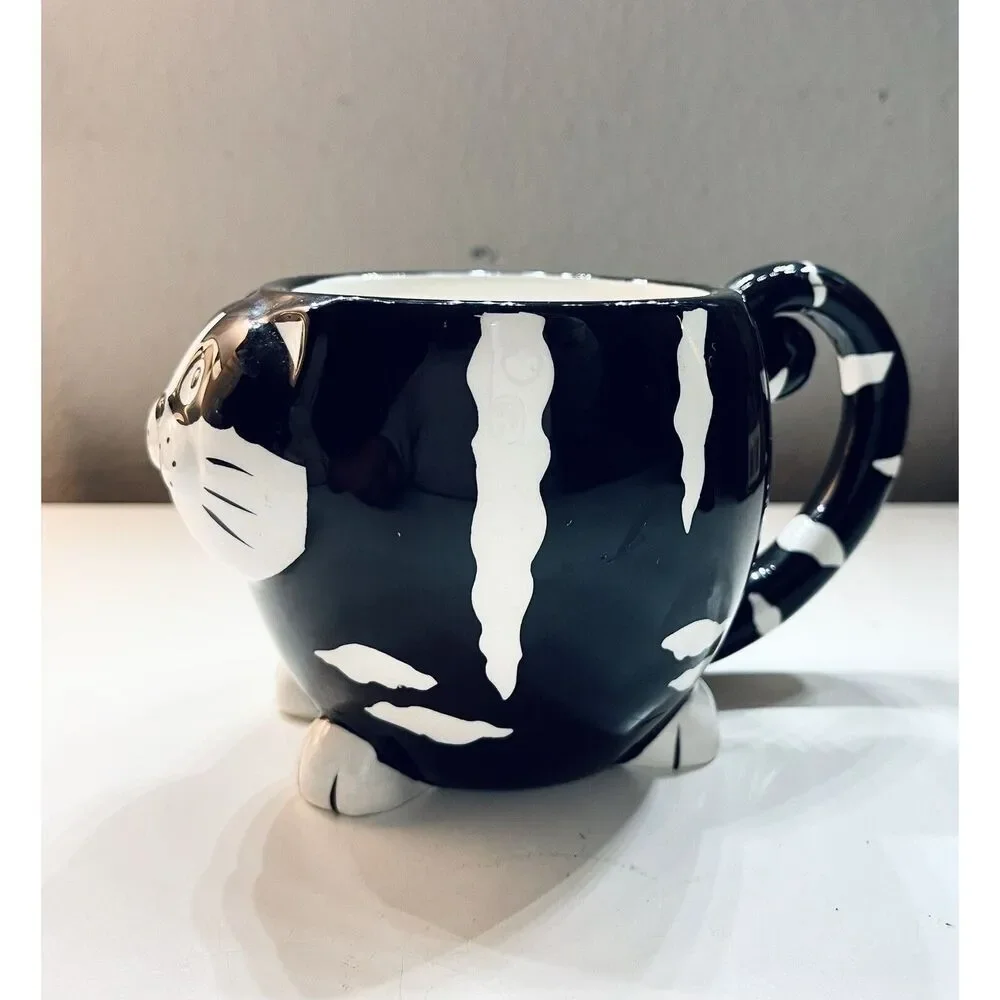 Chubby Cat Mug Pier 1‎ Hand Painted Dolomite Black & White Striped Coffee Cup